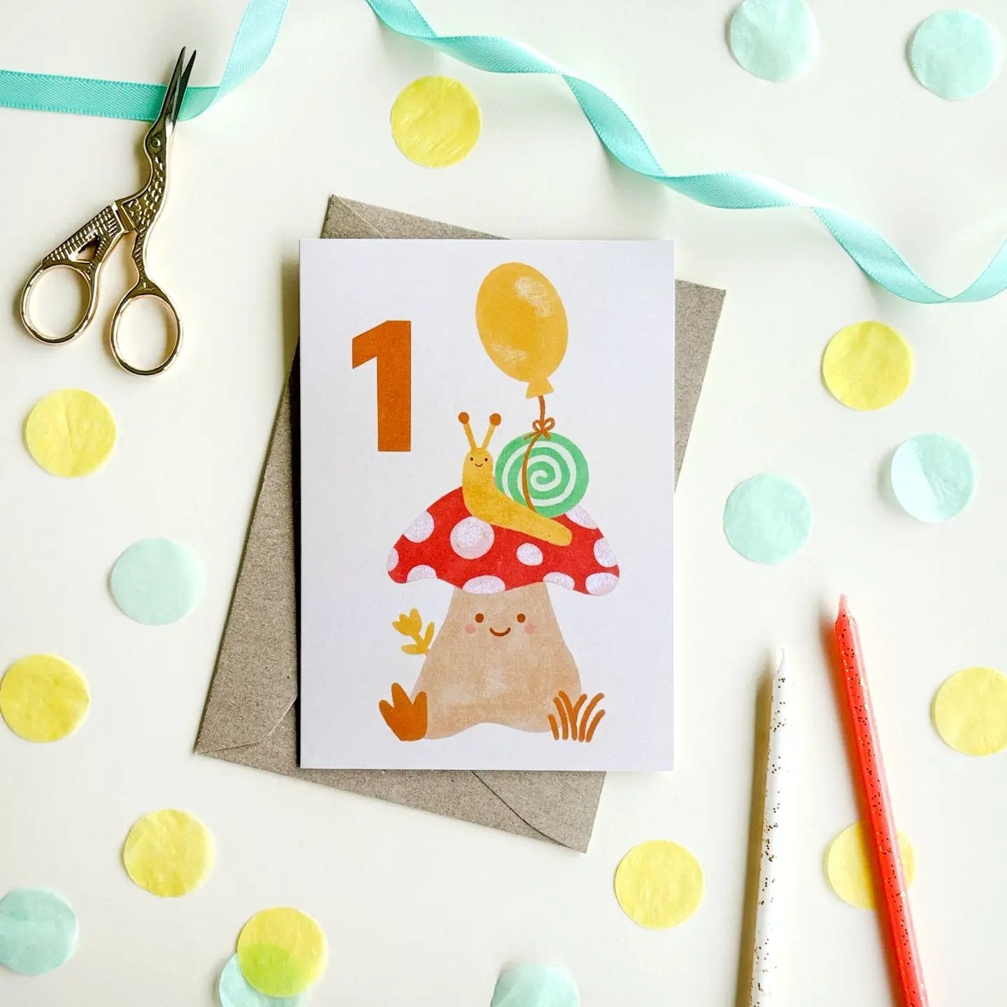 Lauren Sissons ~ Age 1 Mushroom Snail Birthday Card