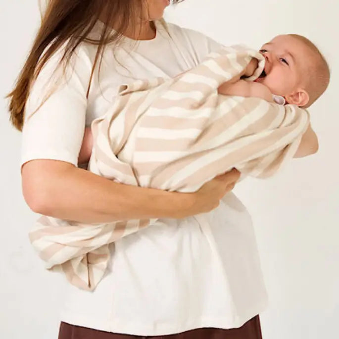 Retro Stripe Organic Cotton Blanket - Stone & Milk