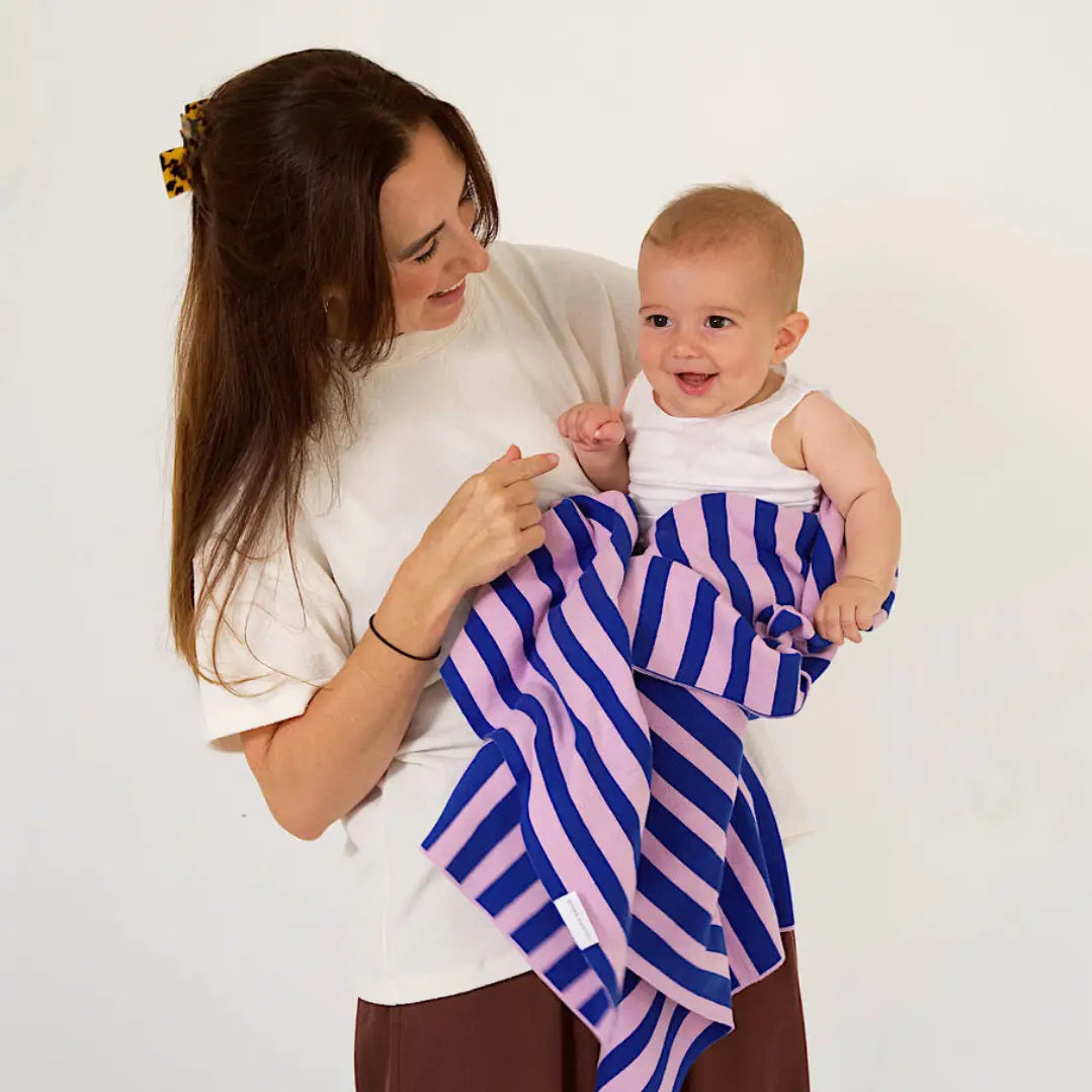 Retro Stripe Organic Cotton Blanket - Electric Blue & Lilac