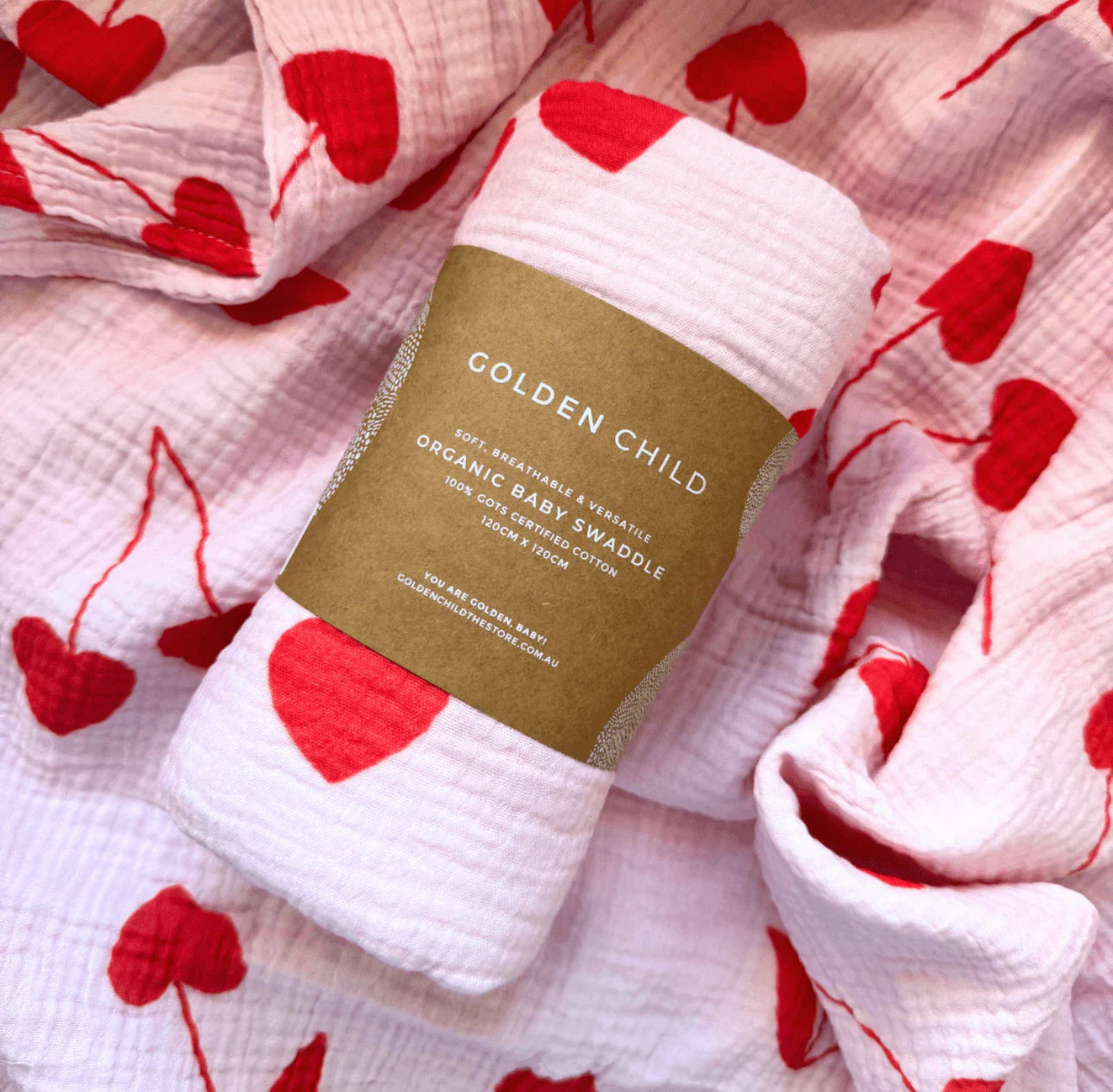 Cherry Heart Organic Cotton Baby Swaddle - Candy