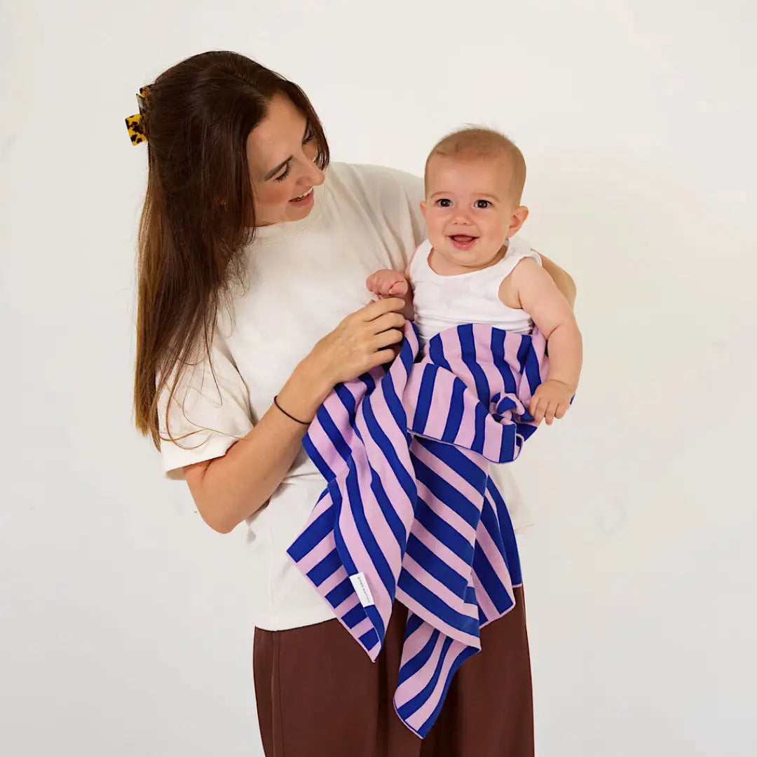 Retro Stripe Organic Cotton Blanket - Electric Blue & Lilac