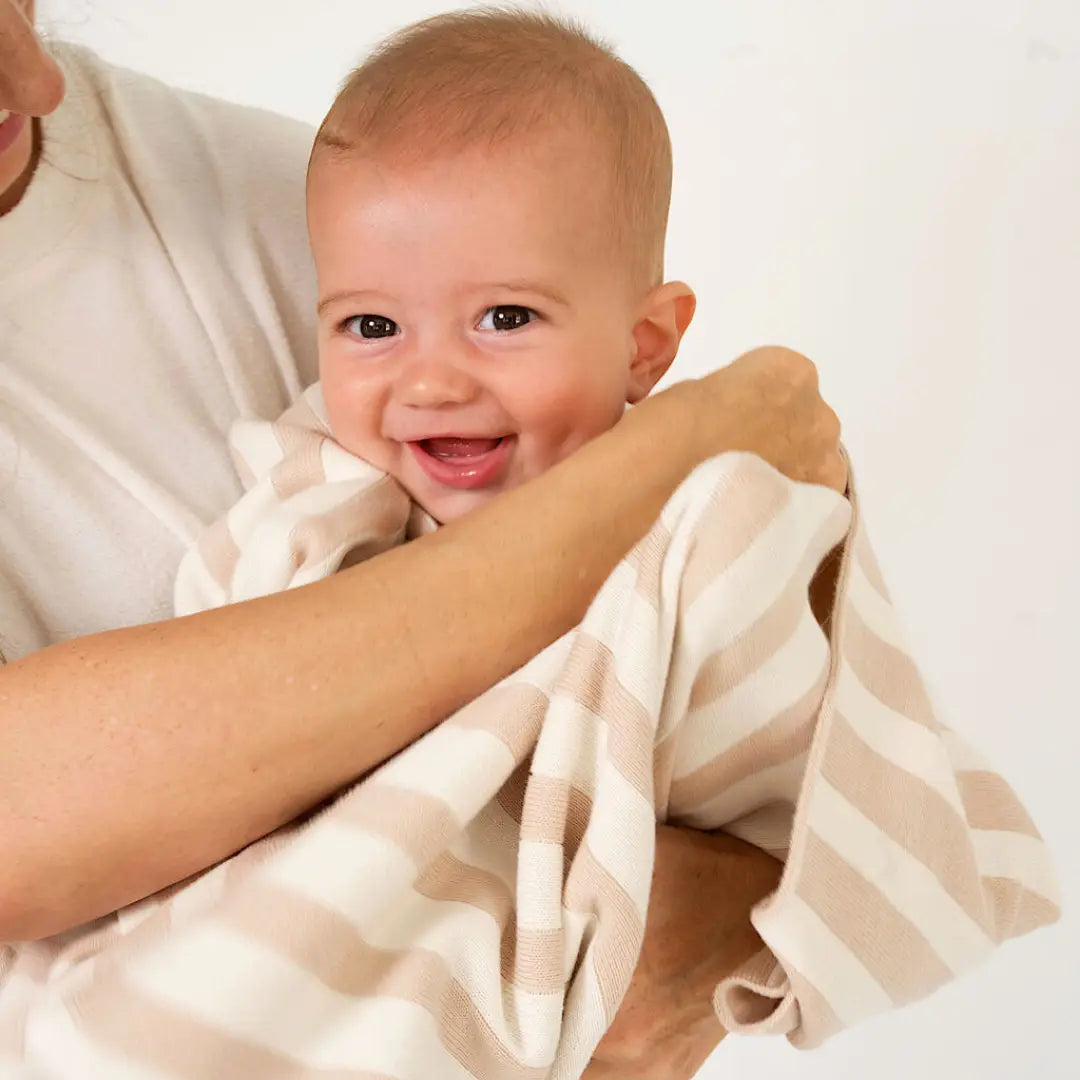 Retro Stripe Organic Cotton Blanket - Stone & Milk