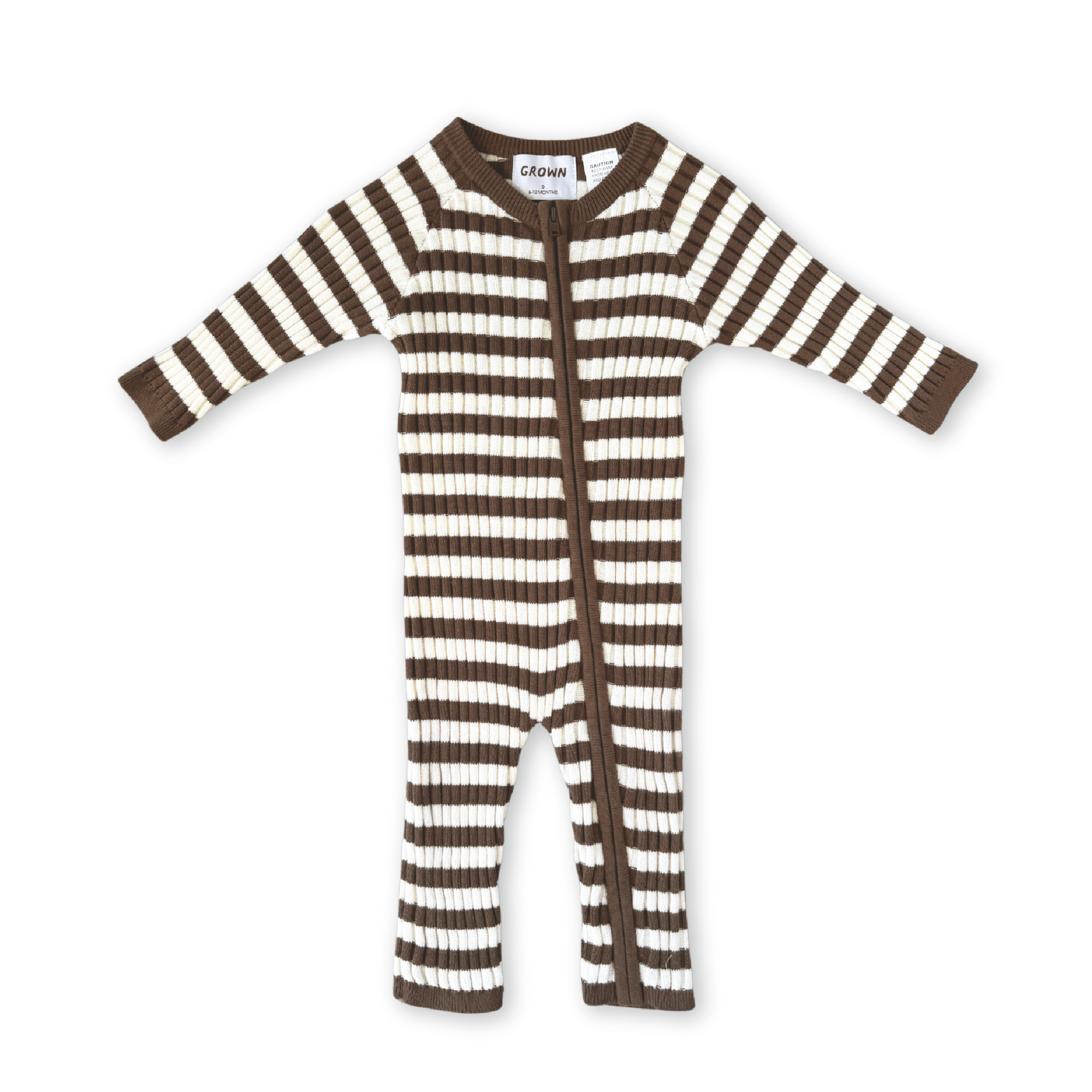 Organic Rib Stripe Knit Zipper Jumpsuit - Espresso & Milk