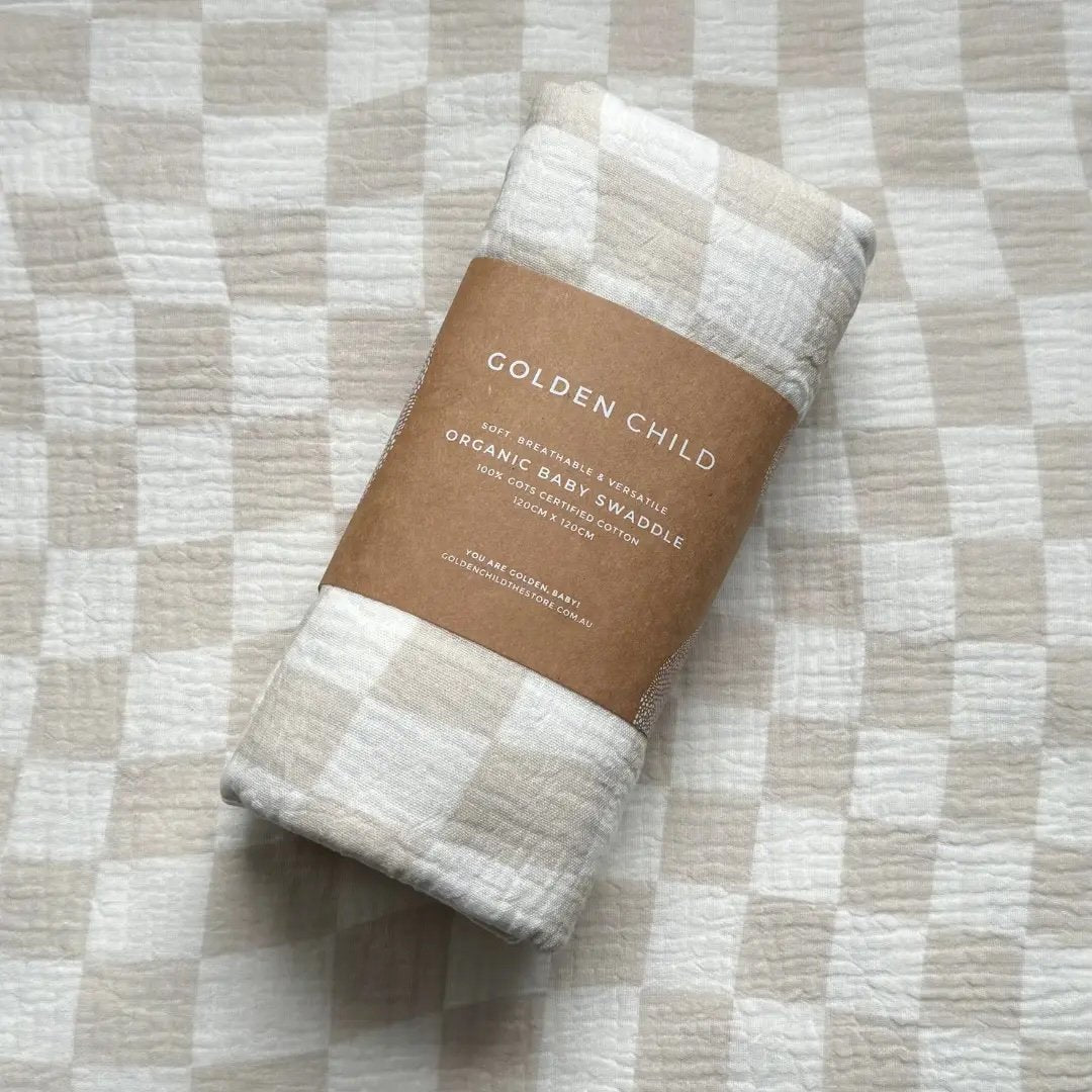 Golden Child ~ Wavy Baby Checked Organic Cotton Baby Swaddle - Stone