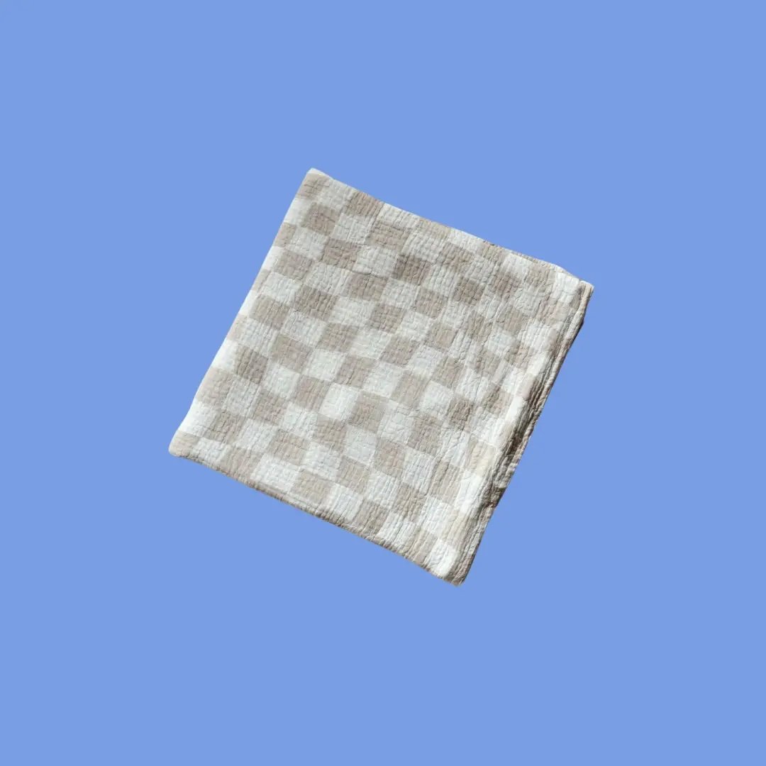 Golden Child ~ Wavy Baby Checked Organic Cotton Baby Swaddle - Stone