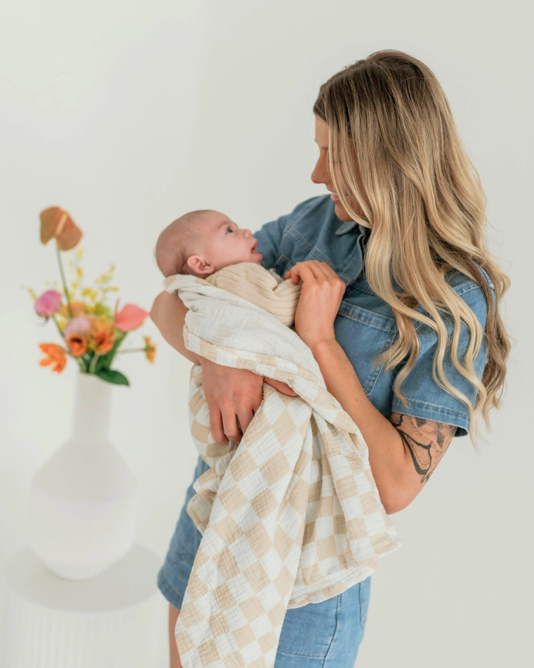 Golden Child ~ Wavy Baby Checked Organic Cotton Baby Swaddle - Stone