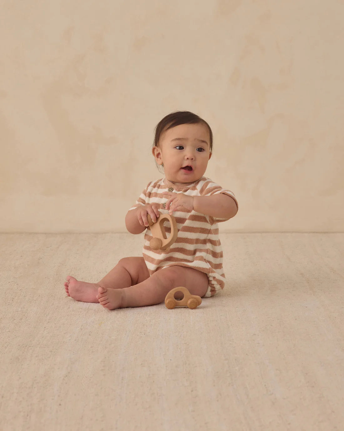Terry Henley Romper Latte Stripe