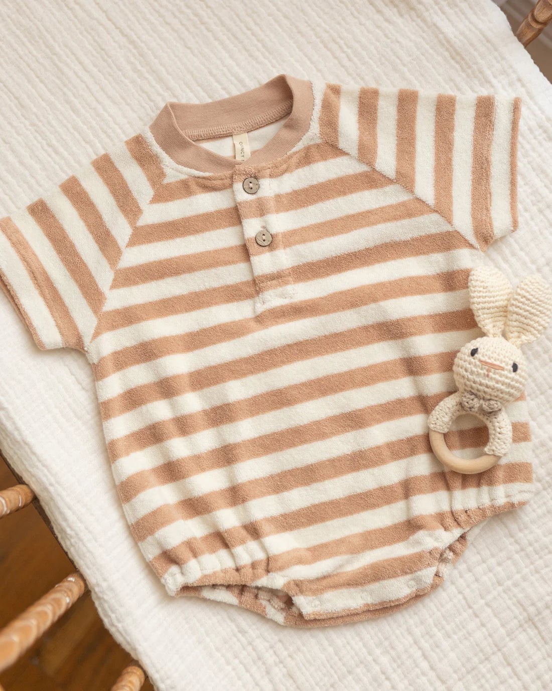 Terry Henley Romper Latte Stripe