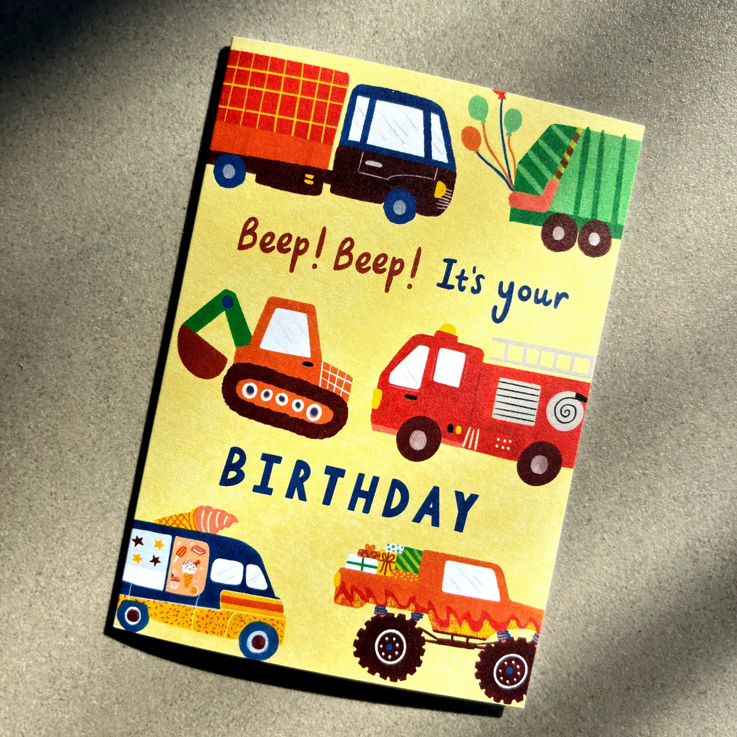 Vehicles Happy Birthday Card - Cute Kids Trucks Digger Bday